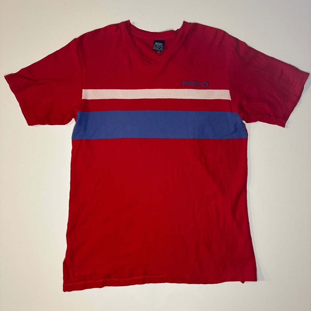 Polo Ralph Lauren Striped T-Shirt Mens L Red Cotton V-Neck‎ Color Block Logo Tee